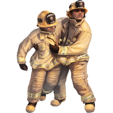 Firefighters Down: illustration of a firefighter helping a fallen colleague